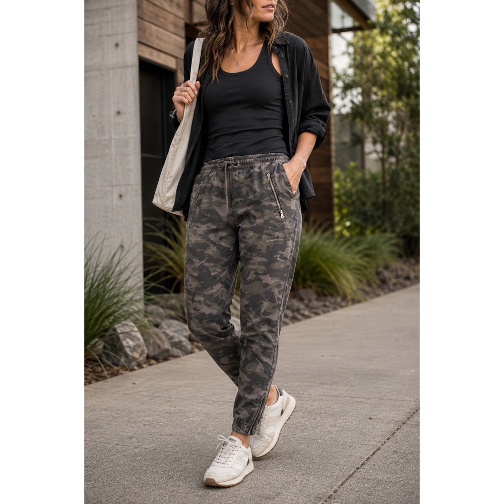 Athleta Farallon Camo Pant Stretch Cotton Zip Pocket Jogger Green 6